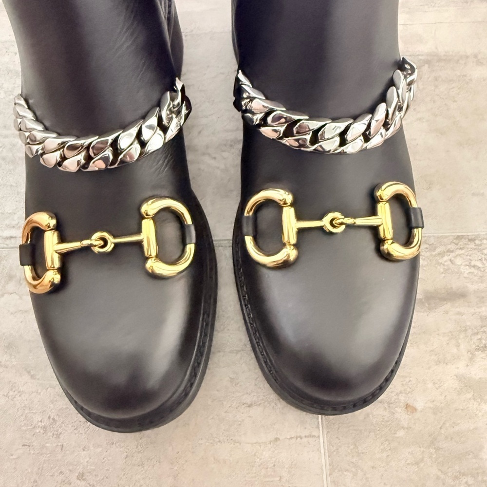 Gucci Black Leather Horsebit Chain Chelsea Boots Women's Size 7 - Picture 7 of 12